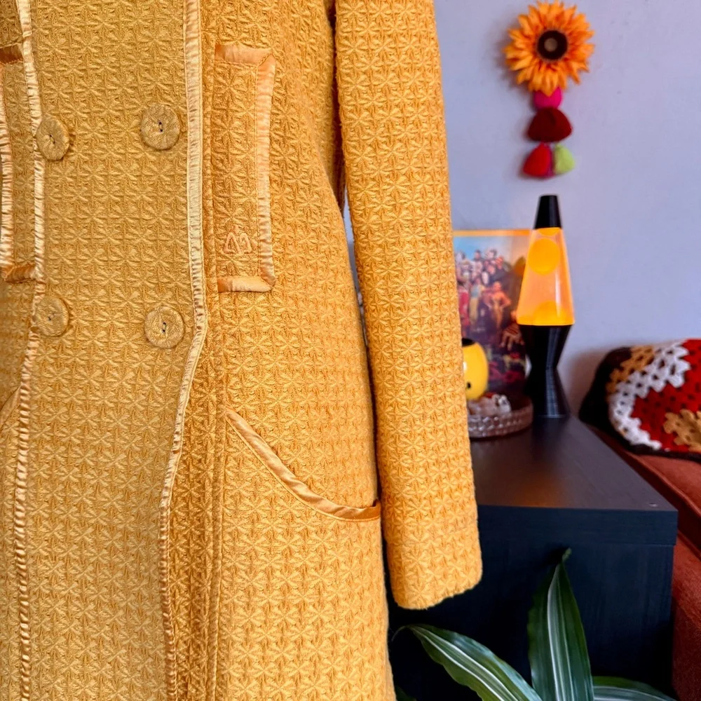 Mustard Yellow Double-Breasted Retro Pea Coat with Peter Pan Collar - Picture 3 of 11